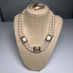 VTG Napier Faux Pearl Necklace Earrings Set Double Stand Art deco Retro MCM